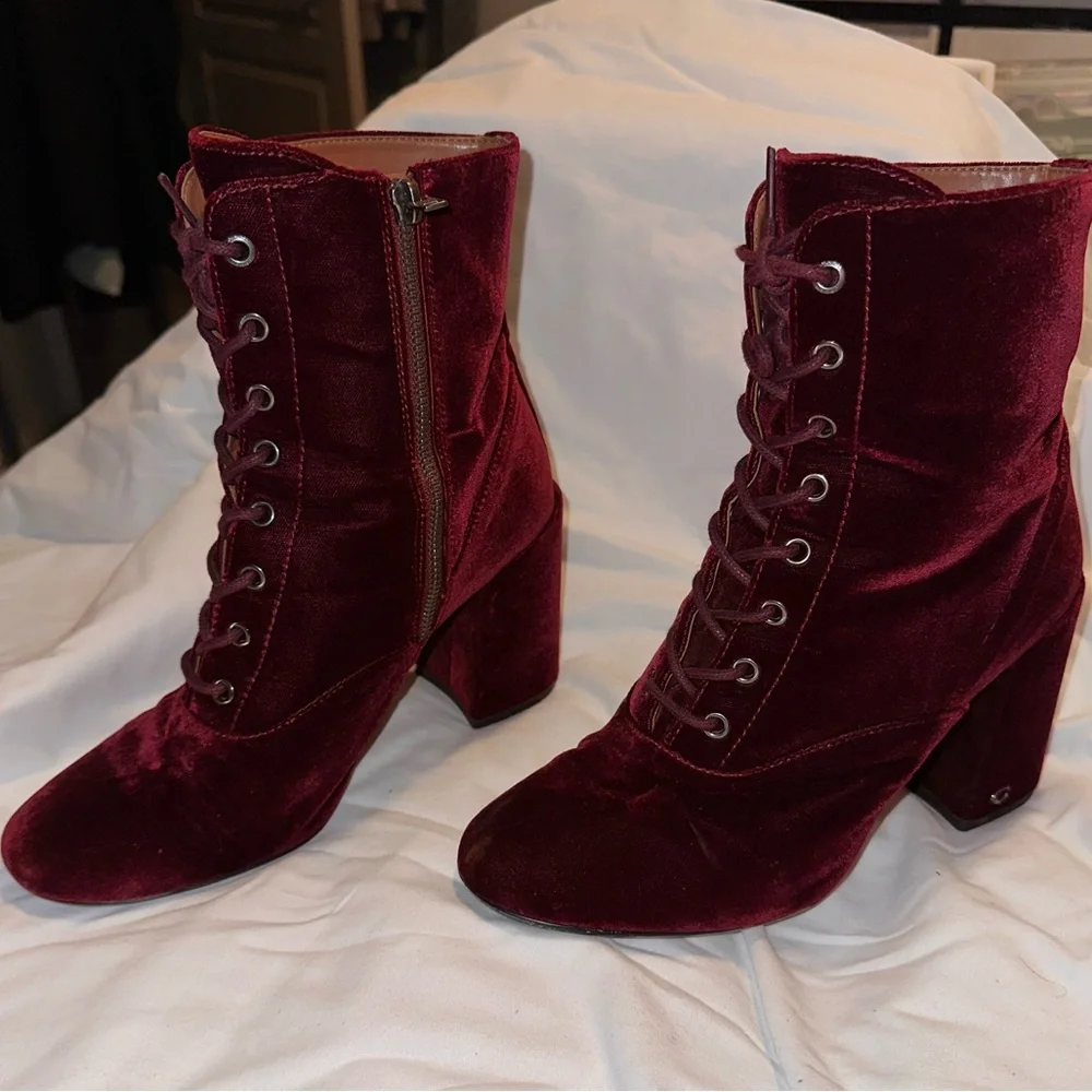 Coach Burgundy Velvet Lace-Up Block Heel Boots - Picture 2 of 5